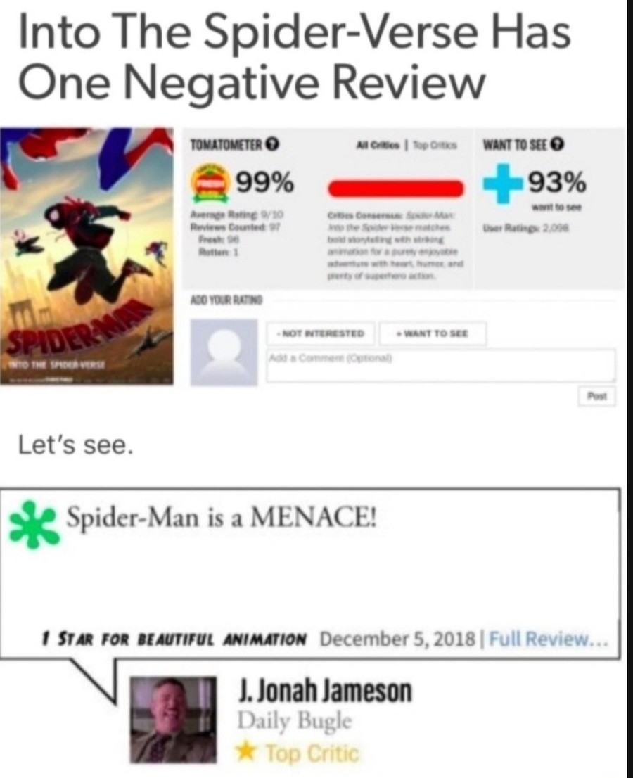 web page - Into The SpiderVerse Has One Negative Review Tomatometer All topis Want To See 99% 93% Am Rhe Reviews Counted Ratino 2008 Ao Your Rating Not Wterested Want To See Com To The Servers Let's see. SpiderMan is a Menace! 1 Star For Beautiful Animati