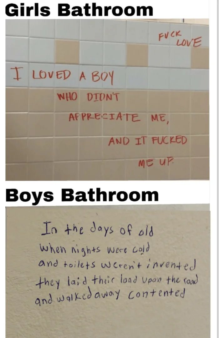 handwriting - Girls Bathroom Fuck Love I Loved A Boy Who Didn'T Af Preciate Me, And It Fucked Me Up Boys Bathroom In the days of old when nights were cold and toilets weren't invented they laid their load upon the road and walked away contented