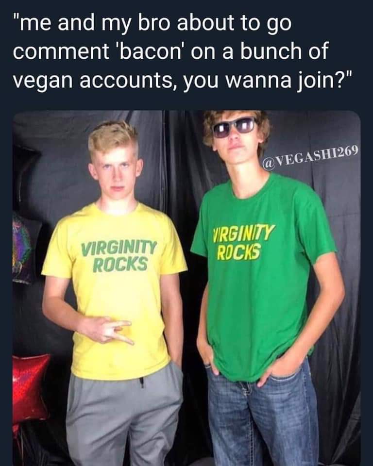 t shirt - "me and my bro about to go comment 'bacon' on a bunch of vegan accounts, you wanna join?" Virginity Rocks Virginity Rocks