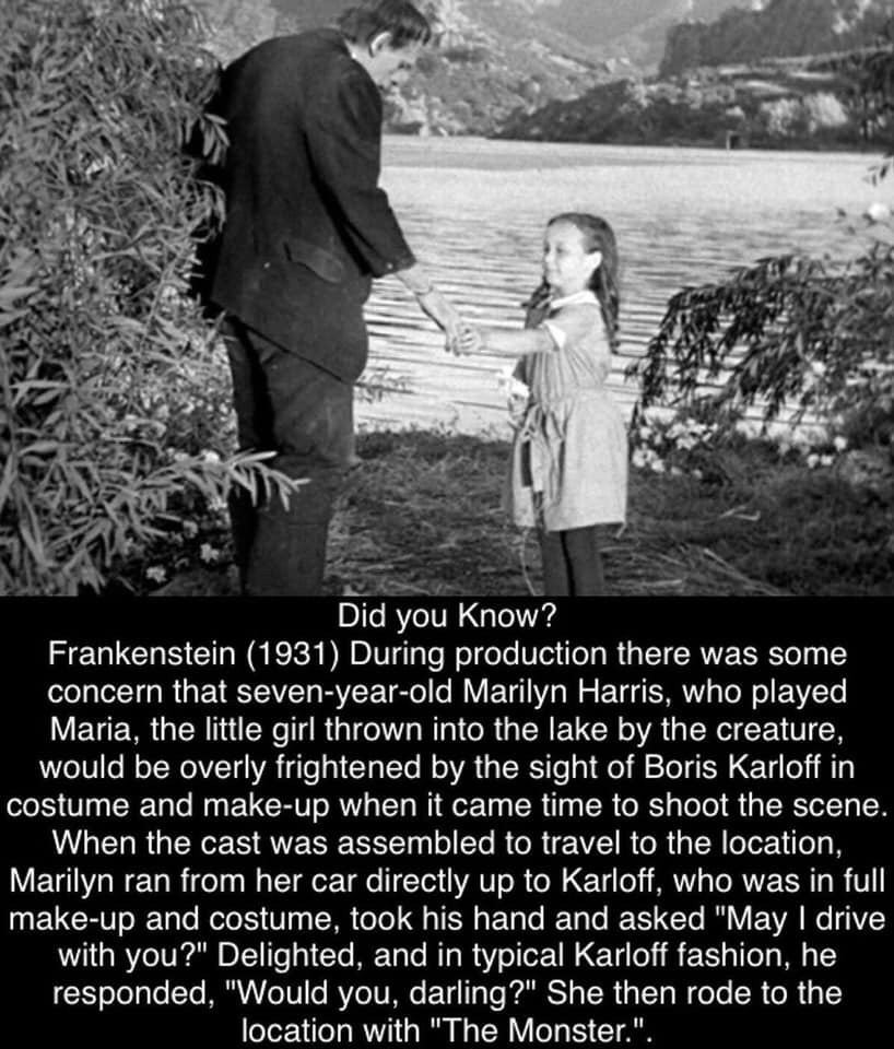 frankenstein monster and little girl - Did you know? Frankenstein 1931 During production there was some concern that sevenyearold Marilyn Harris, who played Maria, the little girl thrown into the lake by the creature, would be overly frightened by the sig