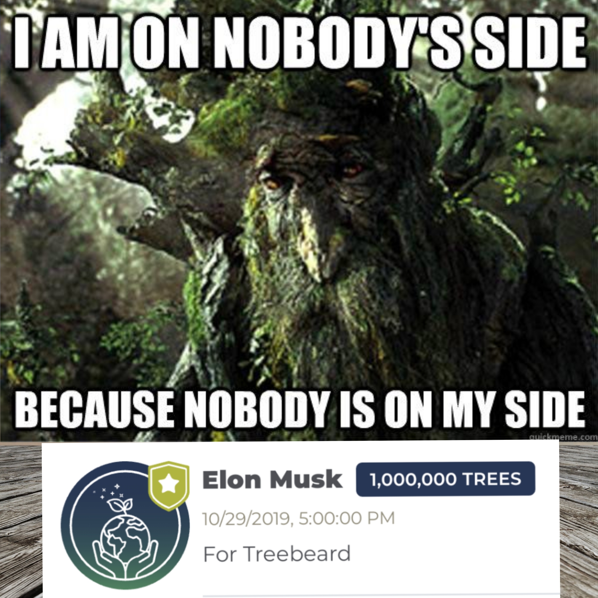 they re in the trees - I'Amon Nobody'S Side Because Nobody Is On My Side Elon Musk 1,000,000 Trees 10292019, 00 Pm For Treebeard
