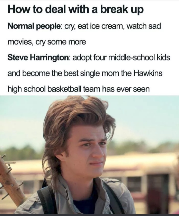stranger things memes - How to deal with a break up Normal people cry, eat ice cream, watch sad movies, cry some more Steve Harrington adopt four middleschool kids and become the best single mom the Hawkins high school basketball team has ever seen