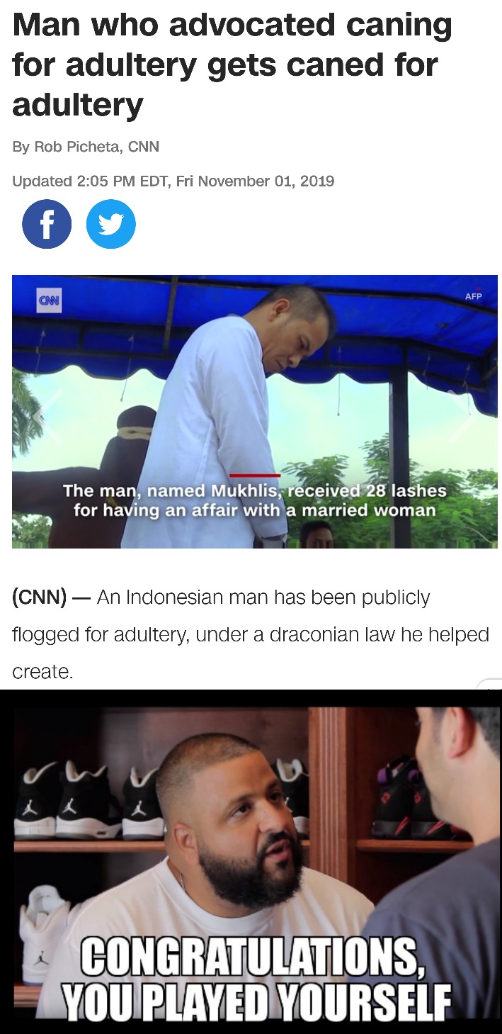 photo caption - Man who advocated caning for adultery gets caned for adultery By Rob Picheta, Cnn Updated Edt, Fri Afp Cnn The man, named Mukhlis, received 28 lashes for having an affair with a married woman Cnn An Indonesian man has been publicly flogged