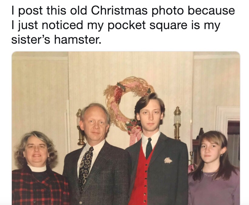 hamster pocket square - I post this old Christmas photo because I just noticed my pocket square is my sister's hamster. moglo