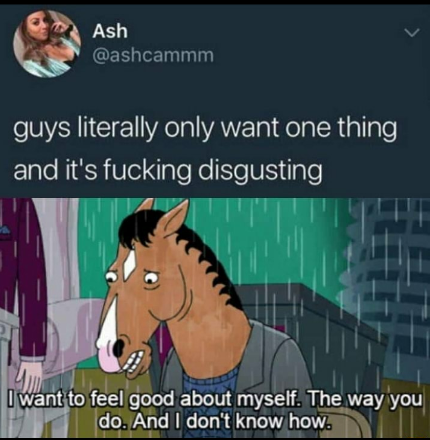 guys literally only want one thing - C ash Ash guys literally only want one thing and it's fucking disgusting I want to feel good about myself. The way you do. And I don't know how.