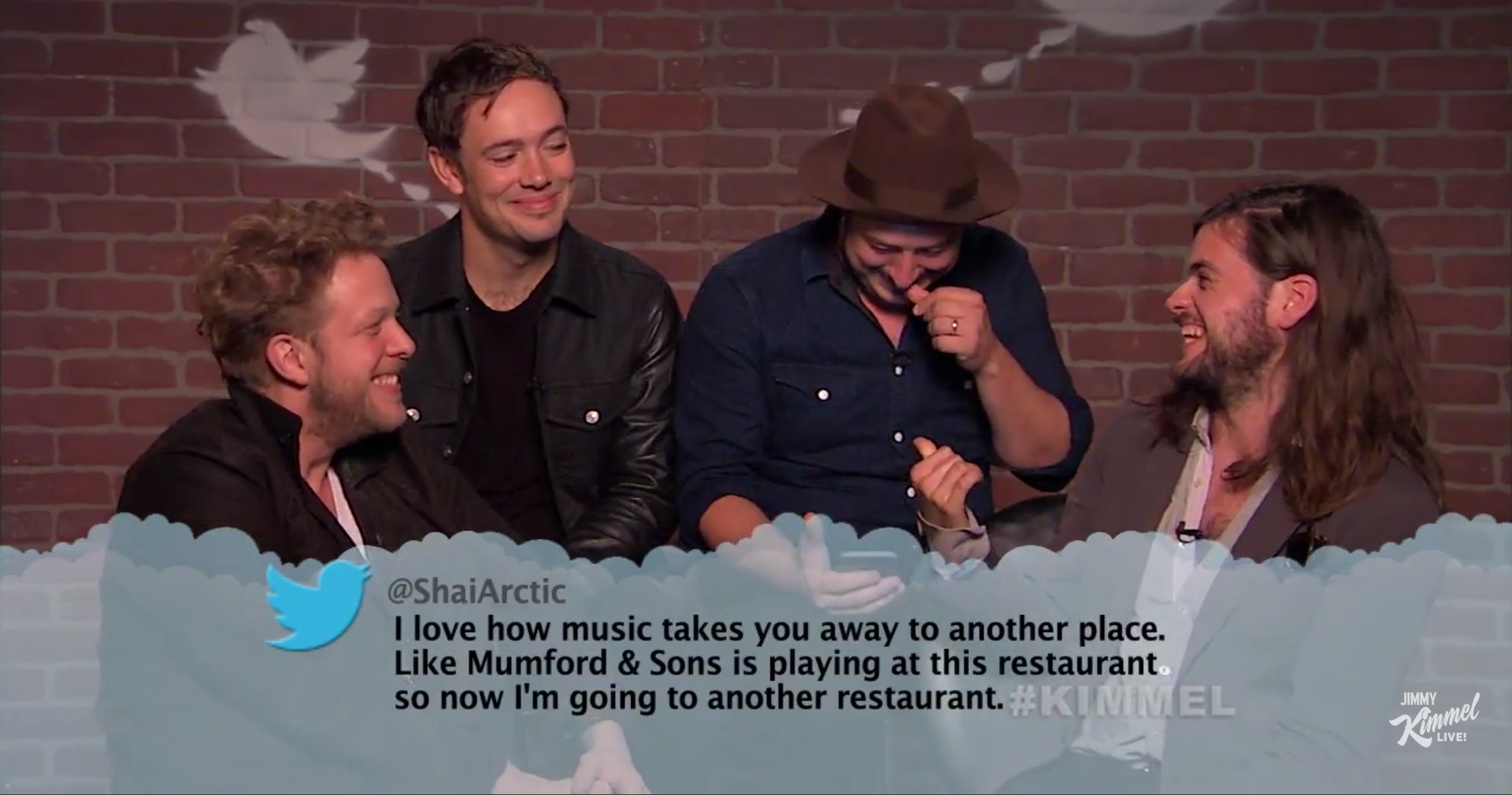 mumford and sons mean tweets - I love how music takes you away to another place. Mumford & Sons is playing at this restaurant so now I'm going to another restaurant. Kinin El Kimmel