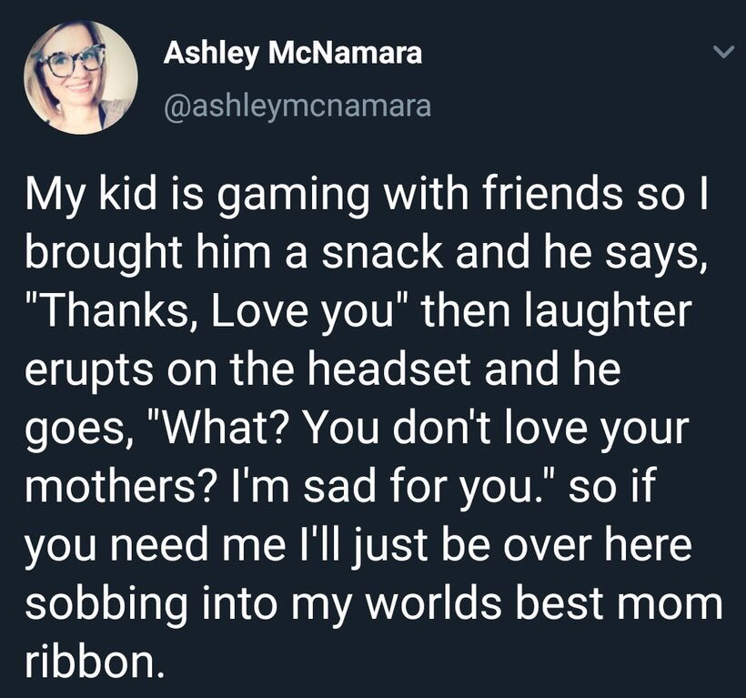 you don t love your mother - Ashley McNamara My kid is gaming with friends so I brought him a snack and he says, "Thanks, Love you" then laughter erupts on the headset and he goes, "What? You don't love your mothers? I'm sad for you." so if you need me I'