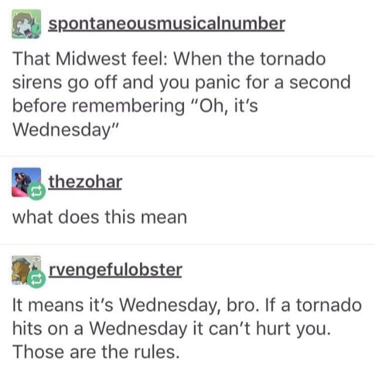 tornado siren wednesday - spontaneousmusicalnumber That Midwest feel When the tornado sirens go off and you panic for a second before remembering "Oh, it's Wednesday" thezohar what does this mean rvengefulobster It means it's Wednesday, bro. If a tornado 