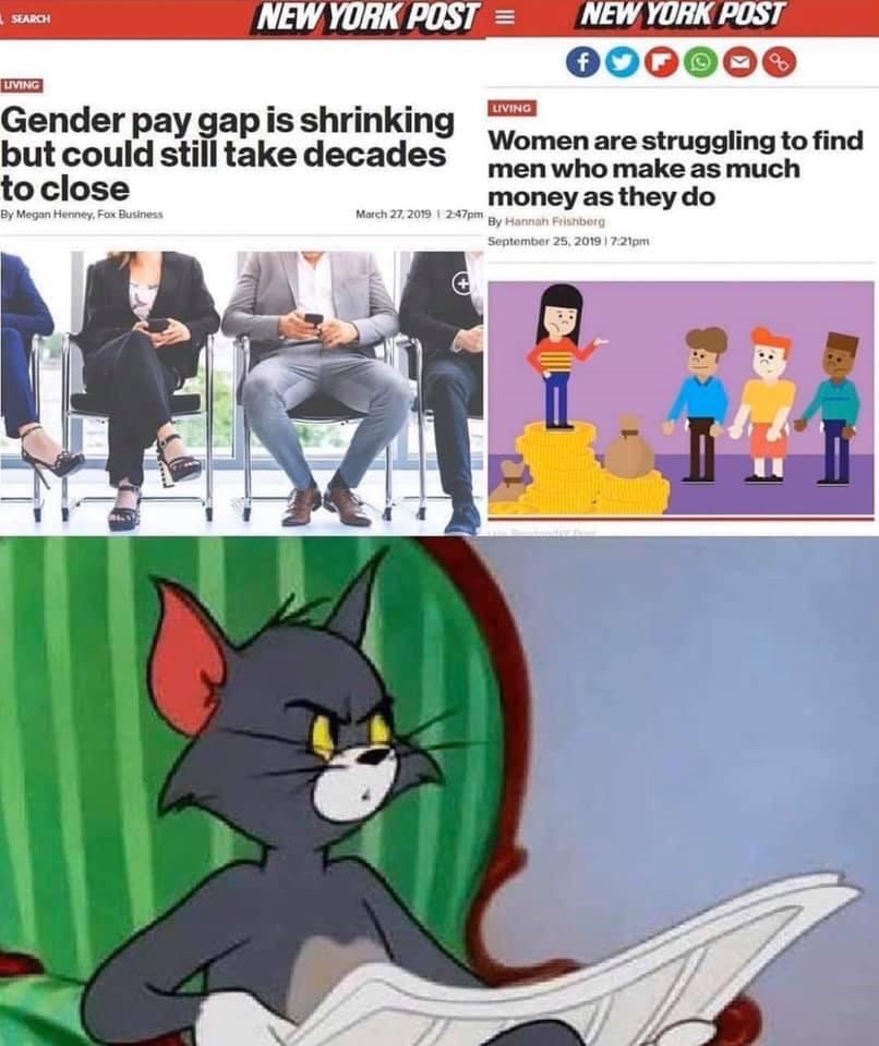 tom and jerry meme - Search New York Post New York Post Uving Gender pay gap is shrinking but could still take decades to close Living Women are struggling to find men who make as much money as they do 1 247pm By Hannah Frisberg pm By Megan Henney, Fox Bu