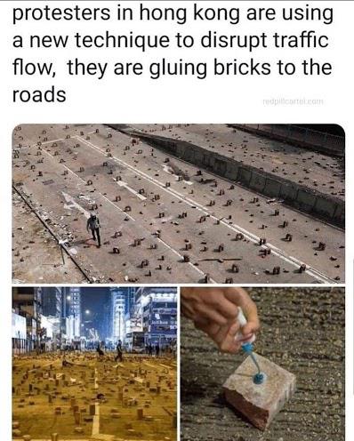 soil - protesters in hong kong are using a new technique to disrupt traffic flow, they are gluing bricks to the roads