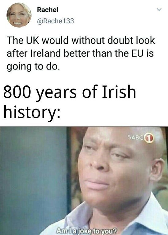 am ia joke to you - Rachel The Uk would without doubt look after Ireland better than the Eu is going to do. 800 years of Irish history Sabcd Am la joke to you?