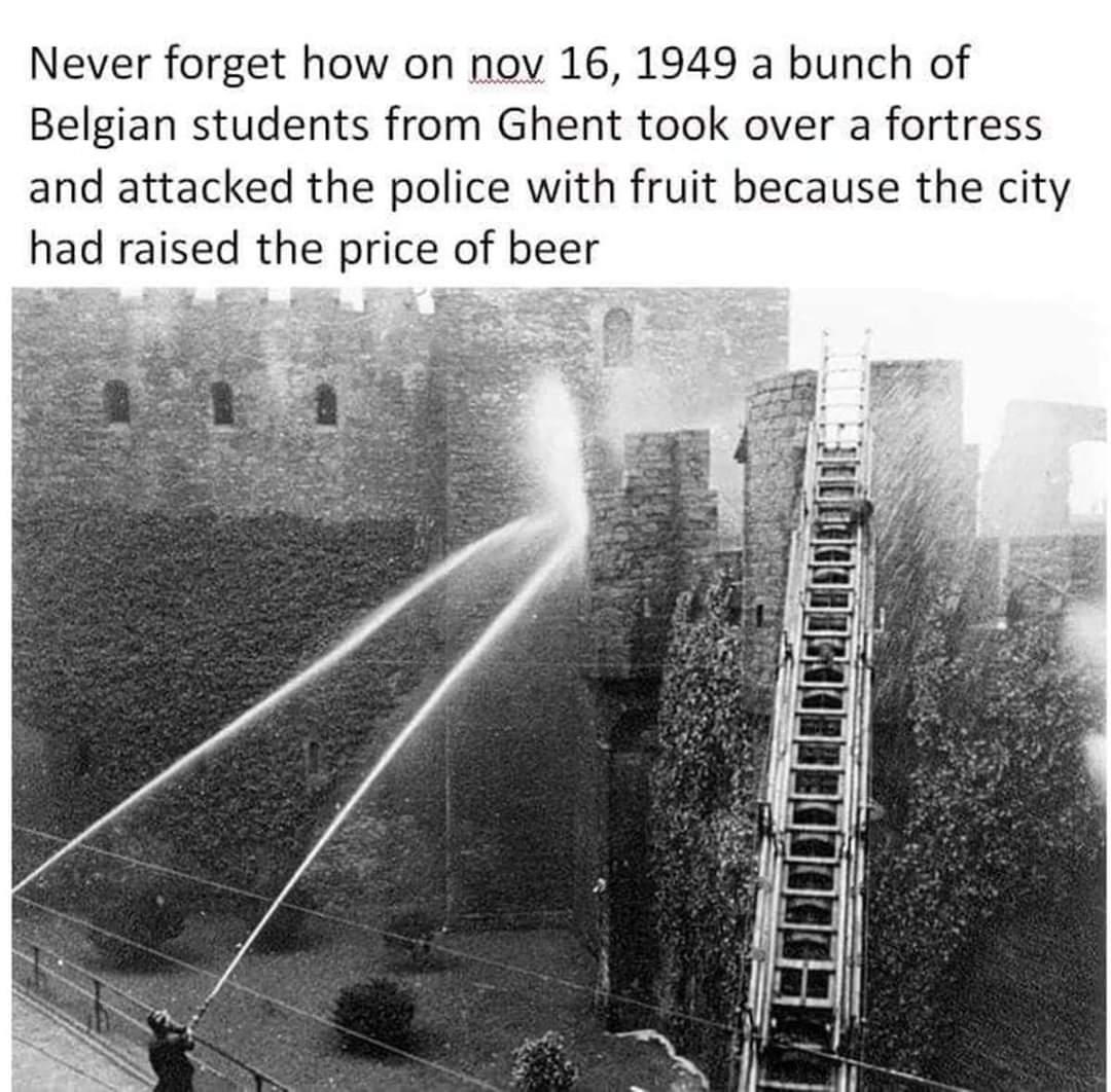 being belgian meme - Never forget how on a bunch of Belgian students from Ghent took over a fortress and attacked the police with fruit because the city had raised the price of beer