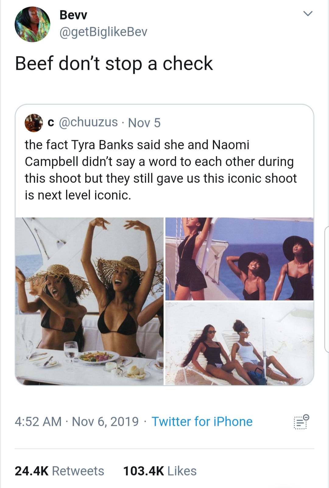 black twitter - naomi campbell and tyra banks - Bevv Beef don't stop a check c. Nov 5 the fact Tyra Banks said she and Naomi Campbell didn't say a word to each other during this shoot but they still gave us this iconic shoot is next level iconic . Twitter