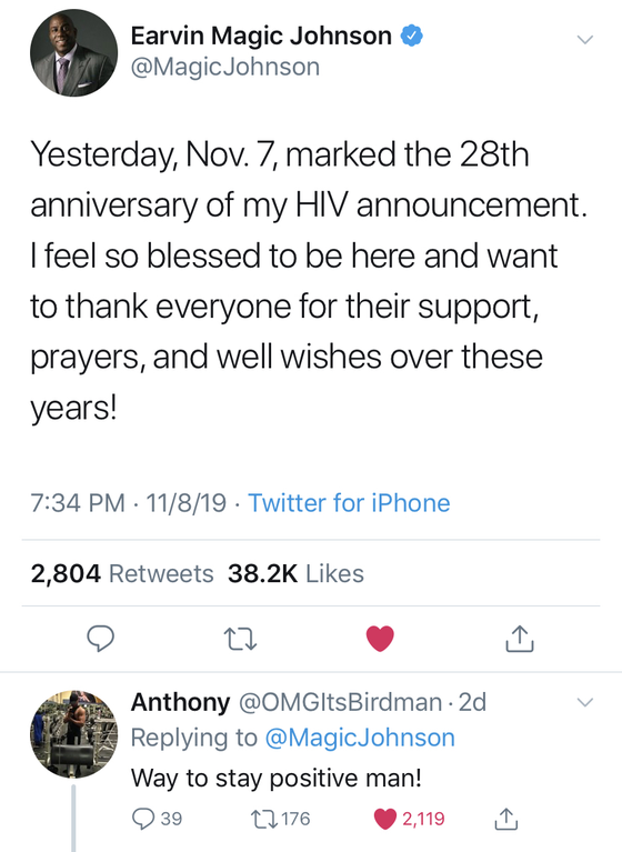 black twitter - Earvin Magic Johnson Johnson Yesterday, Nov. 7, marked the 28th anniversary of my Hiv announcement. I feel so blessed to be here and want to thank everyone for their support, prayers, and well wishes over these years! 11819 Twitter for iPh