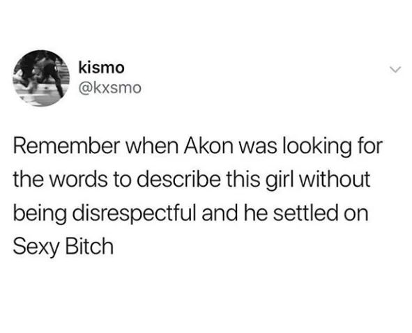 black twitter - funny relatable tweets - kismo Remember when Akon was looking for the words to describe this girl without being disrespectful and he settled on Sexy Bitch