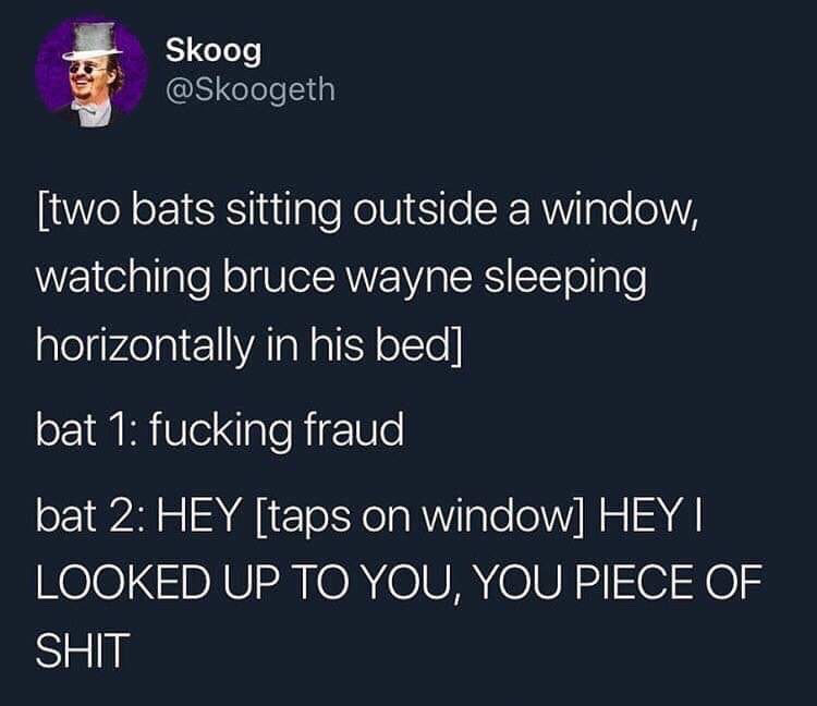 presentation - Skoog two bats sitting outside a window, watching bruce wayne sleeping horizontally in his bed bat 1 fucking fraud bat 2 Hey taps on window Hey Looked Up To You, You Piece Of Shit