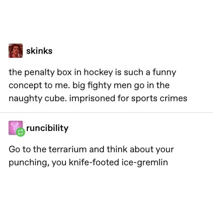 document - skinks the penalty box in hockey is such a funny concept to me. big fighty men go in the naughty cube. imprisoned for sports crimes runcibility Go to the terrarium and think about your punching, you knifefooted icegremlin