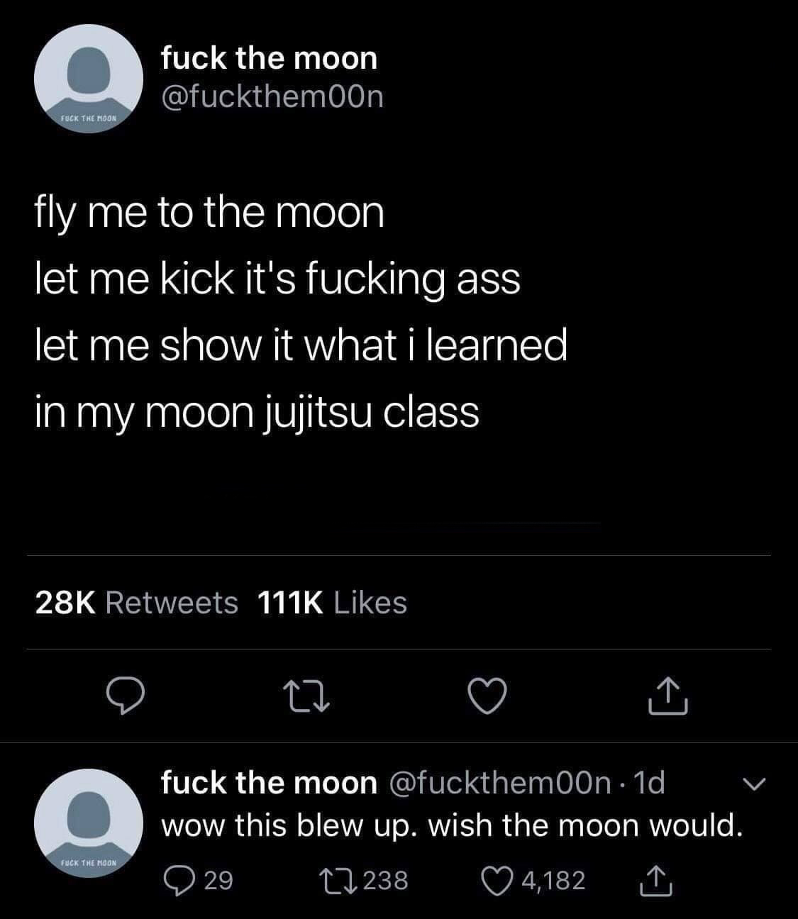 fly me to the moon let me kick its - fuck the moon Fuck The Moon fly me to the moon let me kick it's fucking ass let me show it what i learned in my moon jujitsu class 28K 2 m2 I a fuck the moon 1d wow this blew up. wish the moon would. 929 22238 4,182 I 