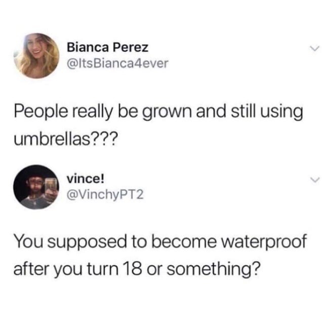 would you slap your sibling meme - Bianca Perez People really be grown and still using umbrellas??? vince! You supposed to become waterproof after you turn 18 or something?