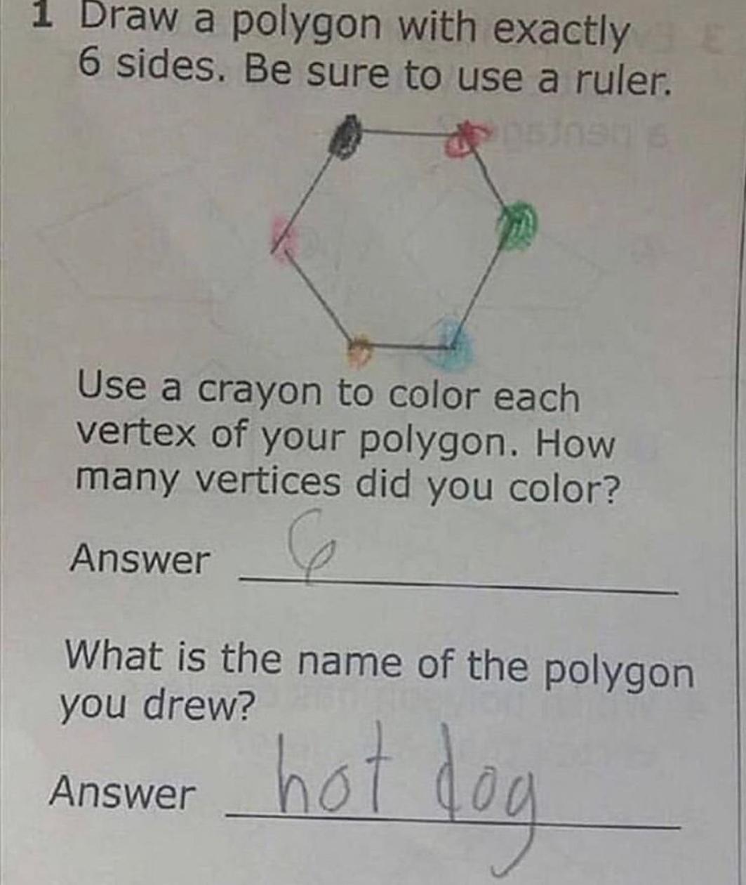writing - 1 Draw a polygon with exactly 6 sides. Be sure to use a ruler. Use a crayon to color each vertex of your polygon. How many vertices did you color? Answer What is the name of the polygon you drew? Answer hot dog
