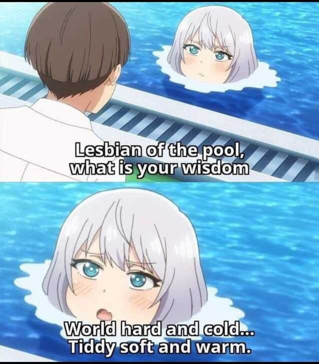 weeb memes - Lesbian of the pool, what is your wisdom World hard and cold... Tiddy soft and warm.