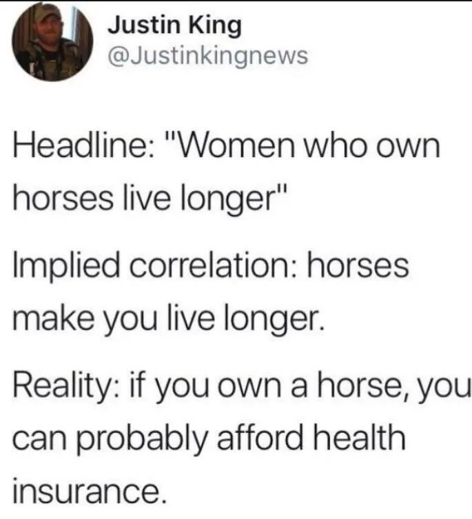 document - Justin King Headline "Women who own horses live longer" Implied correlation horses make you live longer. Reality if you own a horse, you can probably afford health insurance.