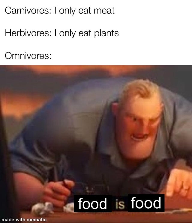 incredibles 2 math is math meme - Carnivores I only eat meat Herbivores I only eat plants Omnivores food is food made with mematic