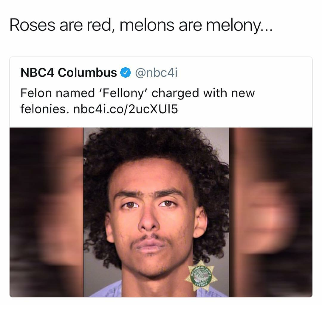 roses are red melons are melony - Roses are red, melons are melony... NBC4 Columbus Felon named 'Fellony' charged with new felonies.nbc4i.co2ucXUIS