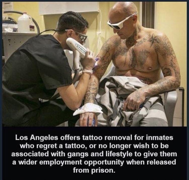 photo caption - Los Angeles offers tattoo removal for inmates who regret a tattoo, or no longer wish to be associated with gangs and lifestyle to give them a wider employment opportunity when released from prison.