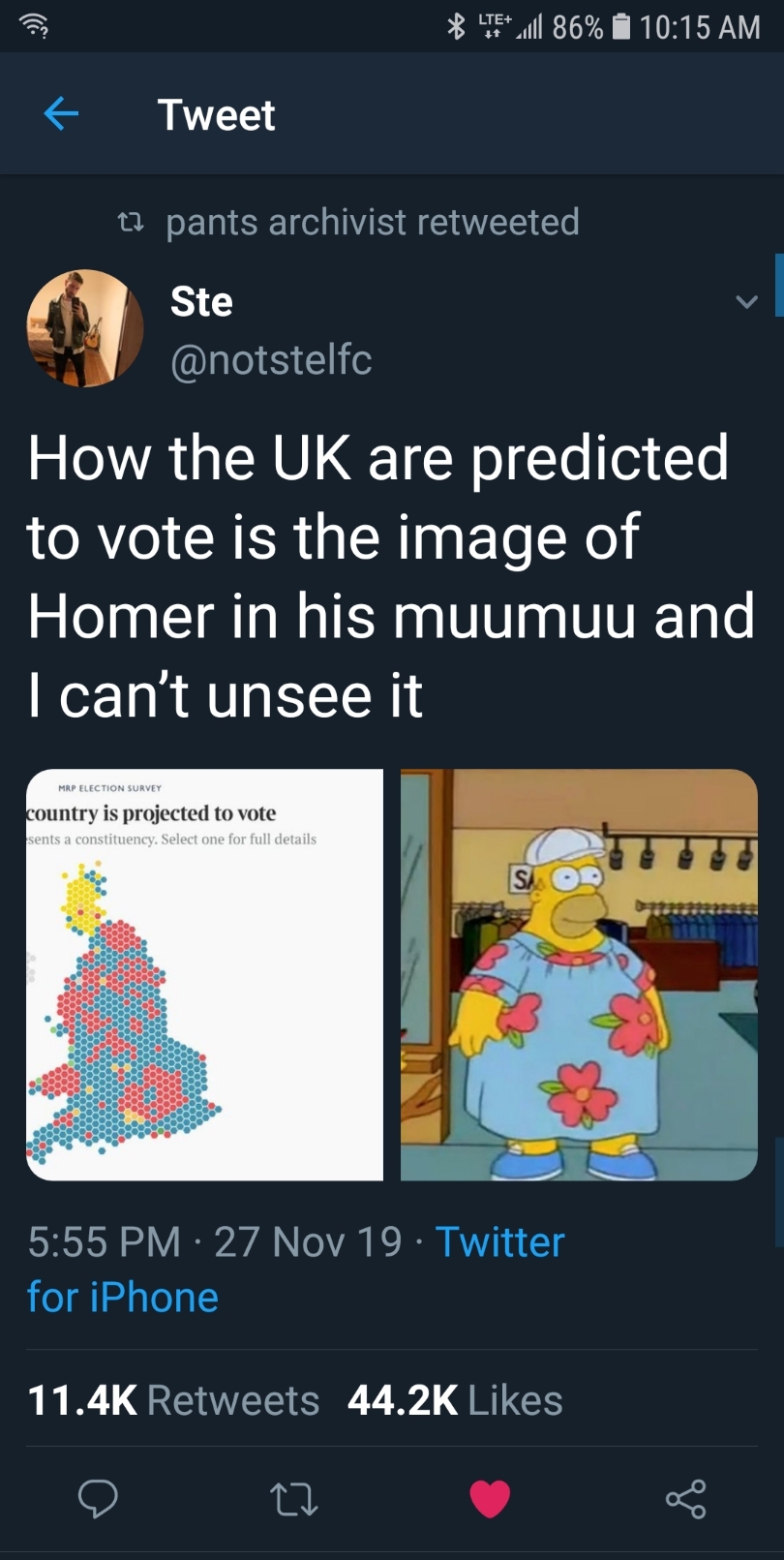 screenshot - Lte 86% i Tweet 1. pants archivist retweeted, Ste How the Uk are predicted to vote is the image of Homer in his muumuu and I can't unsee it Mrp Election Survey country is projected to vote sents a constituency. Select one for full details D p