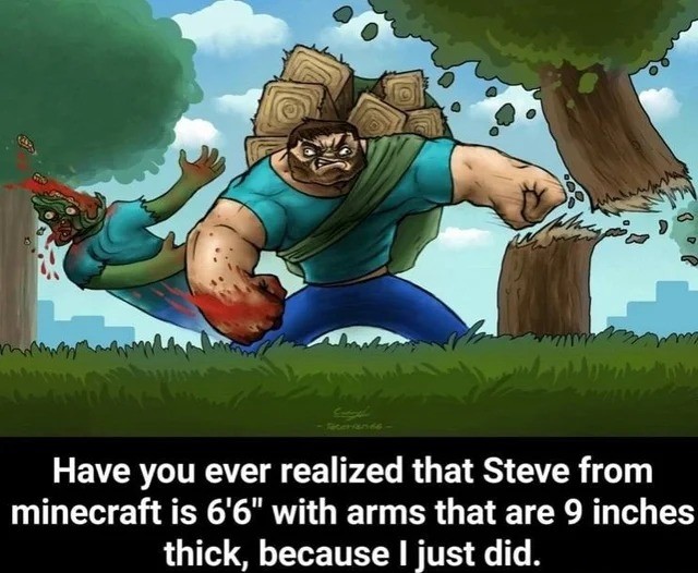 steve minecraft meme - mm Have you ever realized that Steve from minecraft is 6'6" with arms that are 9 inches thick, because I just did.