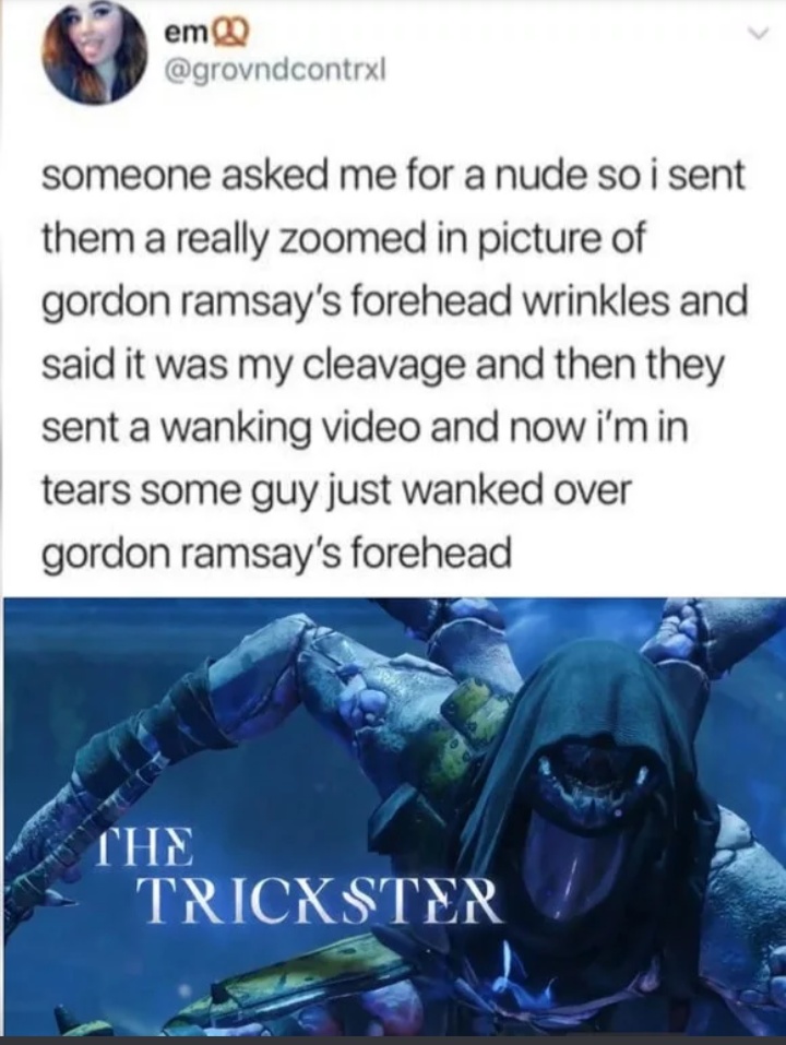 trickster meme destiny - em someone asked me for a nude so i sent them a really zoomed in picture of gordon ramsay's forehead wrinkles and said it was my cleavage and then they sent a wanking video and now i'm in tears some guy just wanked over gordon ram