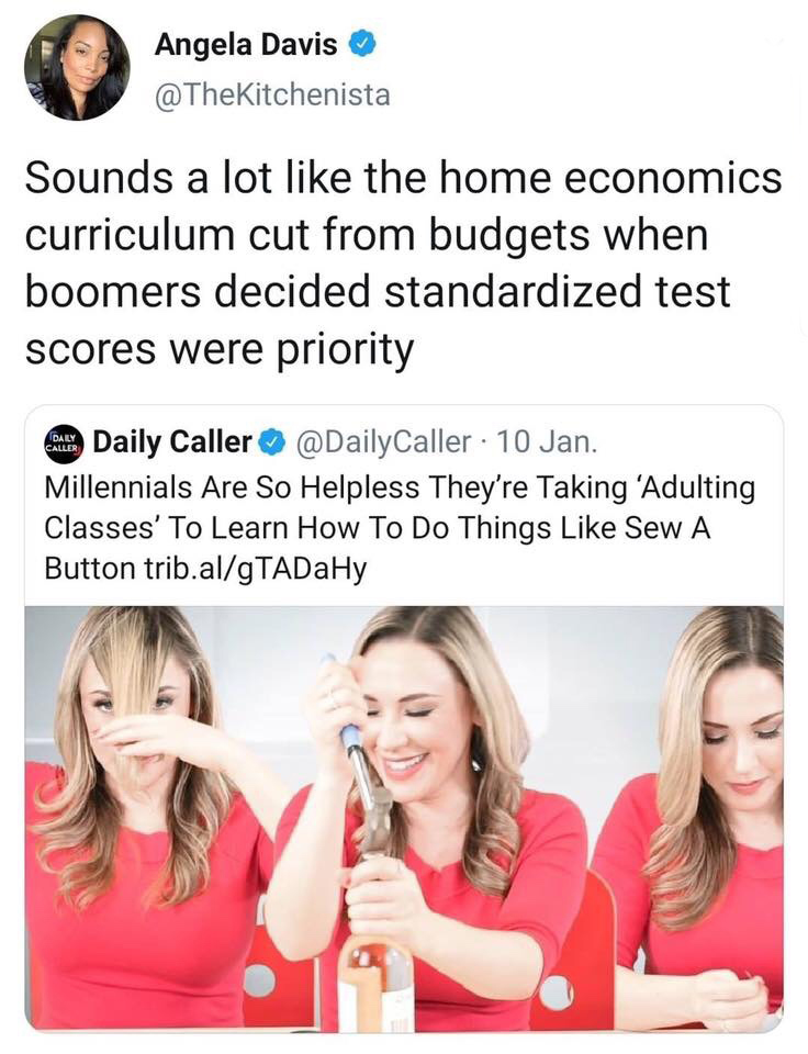 millennials adulting classes - Angela Davis Sounds a lot the home economics curriculum cut from budgets when boomers decided standardized test scores were priority Daily Caller 10 Jan. Millennials Are So Helpless They're Taking 'Adulting Classes' To Learn