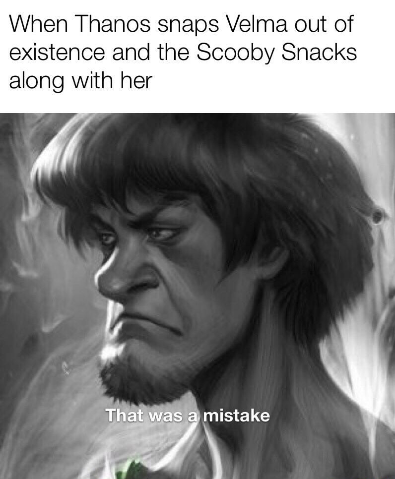 ultra instinct shaggy - When Thanos snaps Velma out of existence and the Scooby Snacks along with her That was a mistake