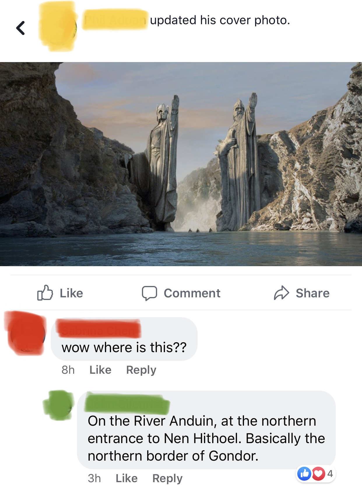lord of the rings argonath - updated his cover photo. comment Wow where is this?? 8h On the River Anduin, at the northern entrance to Nen Hithoel. Basically the northern border of Gondor. 3h 004