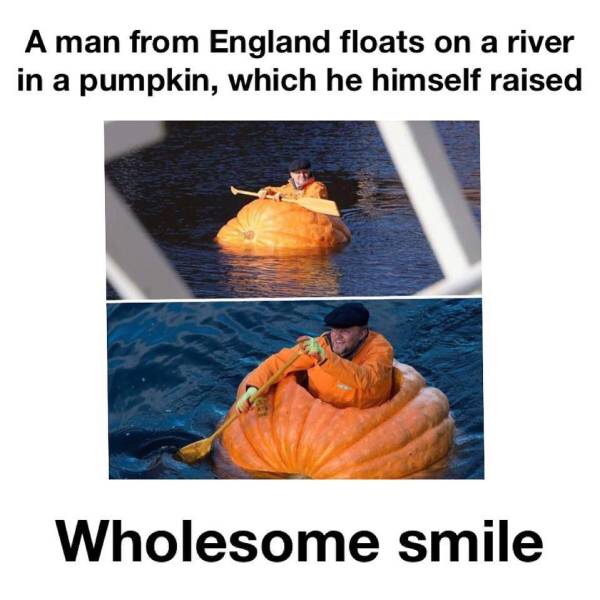 wholesome memes - A man from England floats on a river in a pumpkin, which he himself raised Wholesome smile