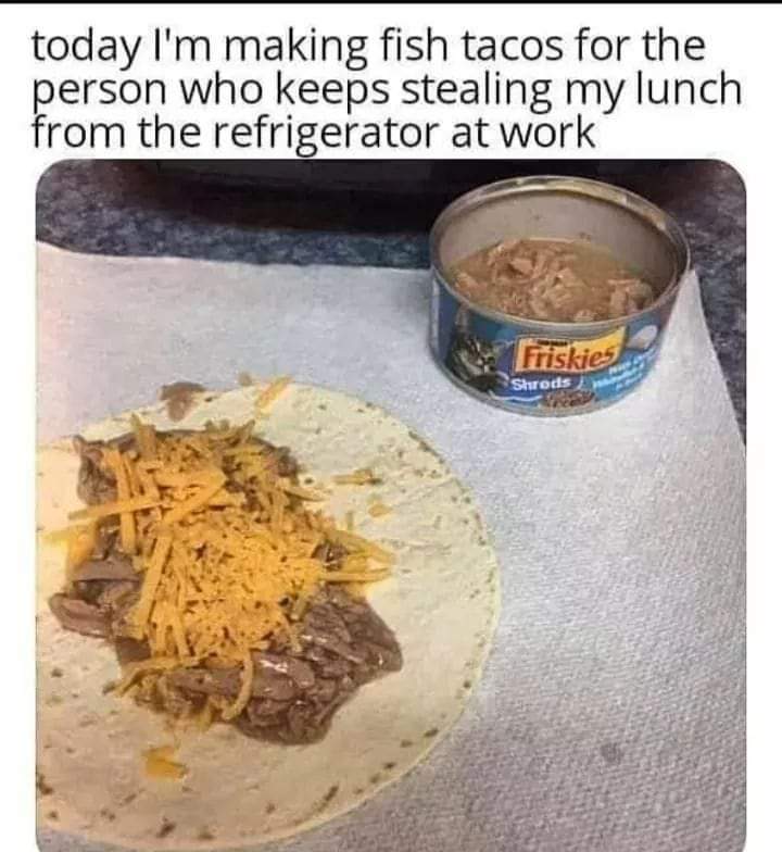 cat food fish taco meme - today I'm making fish tacos for the person who keeps stealing my lunch from the refrigerator at work Friskies Shrods