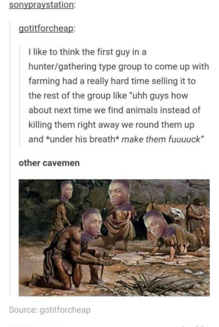 gotitforcheap tumblr cavemen - sonypraystation gotitforcheap I to think the first guy in a huntergathering type group to come up with farming had a really hard time selling it to the rest of the group "uhh guys how about next time we find animals instead 