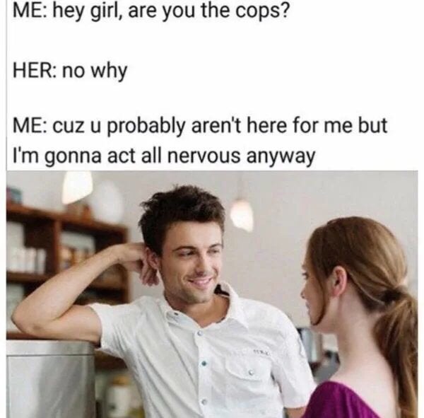 2meirl4meirl memes - Me hey girl, are you the cops? Her no why Me cuz u probably aren't here for me but I'm gonna act all nervous anyway