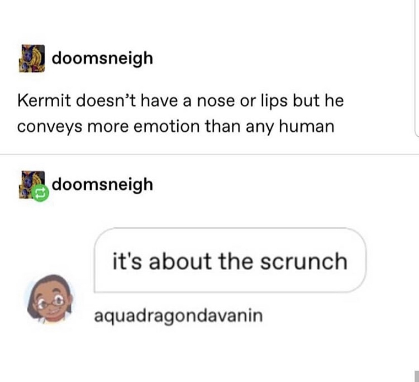 document - doomsneigh Kermit doesn't have a nose or lips but he conveys more emotion than any human doomsneigh it's about the scrunch aquadragondavanin