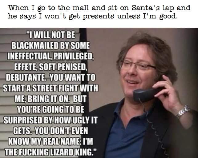 robert california meme - When I go to the mall and sit on Santa's lap and he says I won't get presents unless I'm good. "I Will Not Be Blackmailed By Some Ineffectual, Privileged, Effete, Soft Penised, Debutante. You Want To Start A Street Fight With Me, 
