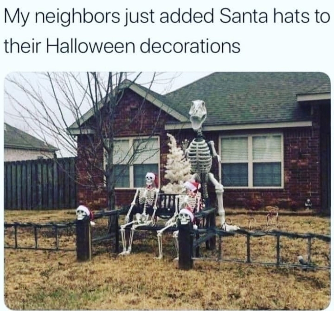 funny halloween decorations - My neighbors just added Santa hats to their Halloween decorations