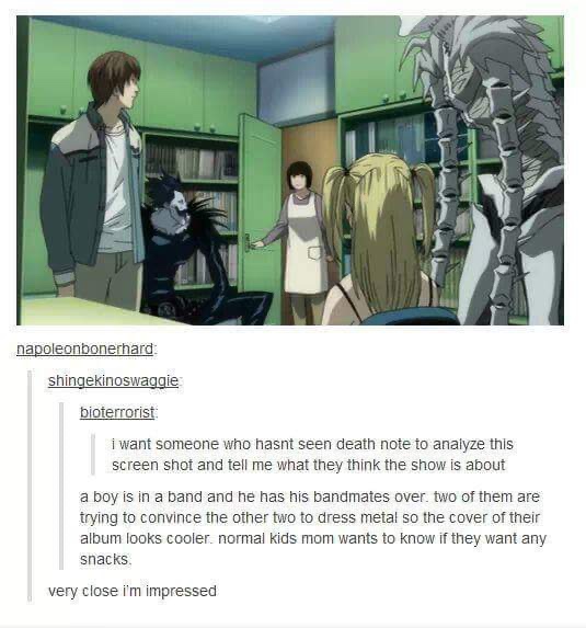 death note funny - napoleonbonerhard shingekinoswaggie bioterrorist i want someone who hasnt seen death note to analyze this screen shot and tell me what they think the show is about a boy is in a band and he has his bandmates over two of them are trying 