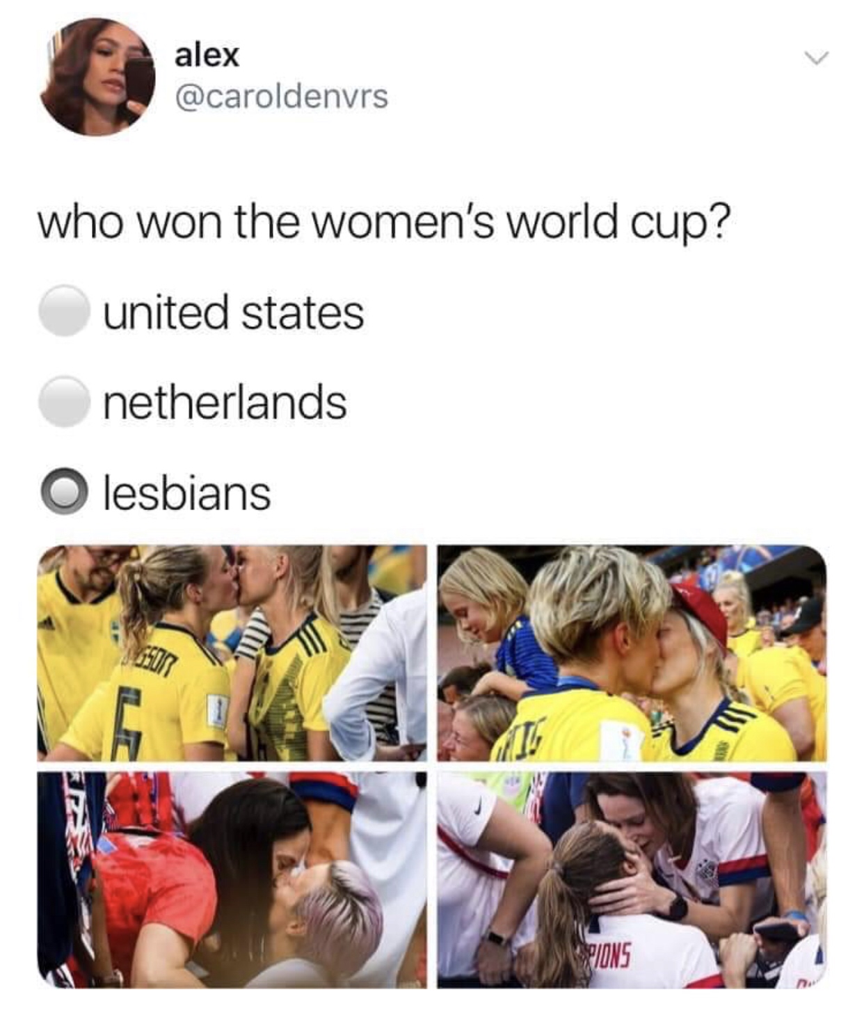 won the world cup lesbians - alex who won the women's world cup? united states netherlands O lesbians Lions