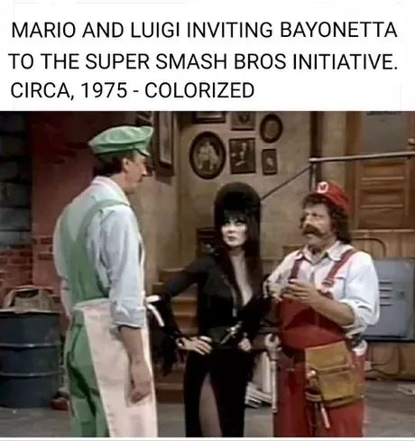 Super Smash Bros. - Mario And Luigi Inviting Bayonetta To The Super Smash Bros Initiative. Circa, 1975 Colorized