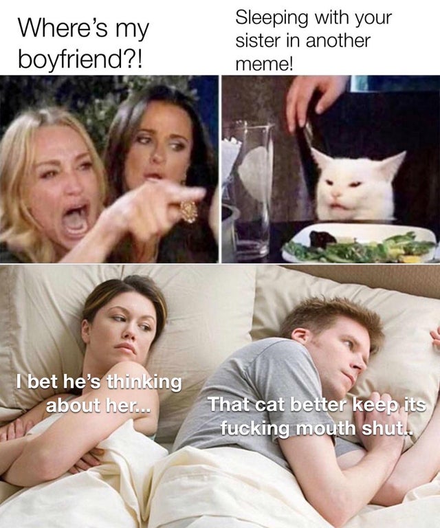 2 girls screaming at cat meme - Where's my boyfriend?! Sleeping with your sister in another meme! I bet he's thinking about her... That cat better keep its fucking mouth shut..