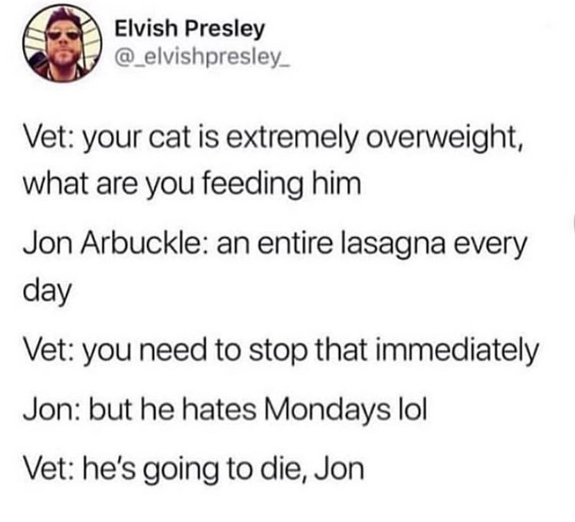 jon arbuckle meme lasagna - Elvish Presley Vet your cat is extremely overweight, what are you feeding him Jon Arbuckle an entire lasagna every day Vet you need to stop that immediately Jon but he hates Mondays lol Vet he's going to die, Jon