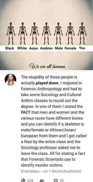 fun facts meme - Black White Asian Arabian Male Female You Wo are all humans The stupidity of these people is actually played down. I majored in Forensic Anthropology and had to take some Sociology and Cultural Anthro classes to round out the degree. In o