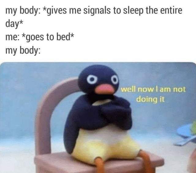 get nae naed - my body gives me signals to sleep the entire day me goes to bed my body well now I am not doing it