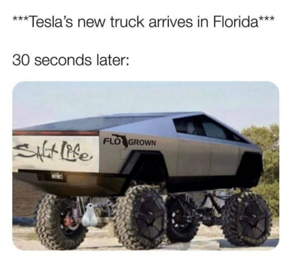 tesla truck meme florida - Tesla's new truck arrives in Florida 30 seconds later Flo Grown Salice